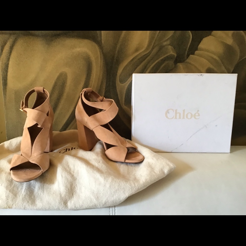 Chloé Nude Tan Suede Crisscross Block Heel Sandals